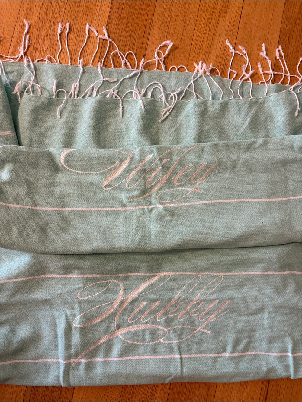 Aqua 'Wifey' and 'Hubby' Embroidered Fringe Throw Set